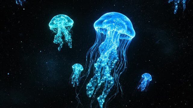 Glowing blue jellyfish drift through a dark ocean, an ethereal bioluminescent spectacle underwater.