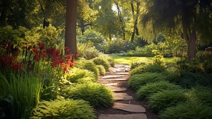 Obraz premium Discover the tranquil beauty along this winding, sun-kissed garden walkway leading to a hidden clearing.