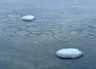 A frozen water surface patterned with thin, circular ice formations and stones covered with ice and snow
