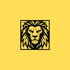 Obraz premium Bold lion head logo in black on yellow background, fierce symmetrical vector illustration