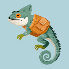 Curious chameleon character wearing backpack for exploration and travel in blue forest nature wildlife theme illustration © firstcolor
