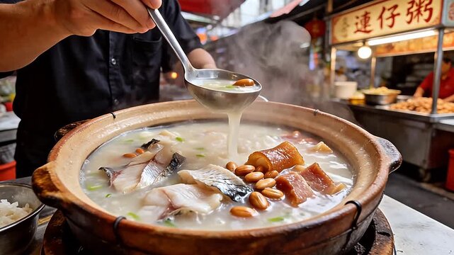 Street food stew with fish and peanuts