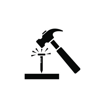 Vector illustration icon black silhouette of a hammer hitting a nail into a wooden plank