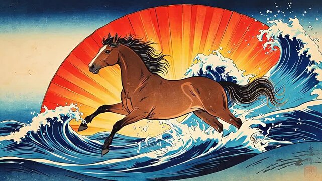 Horse galloping in ocean waves