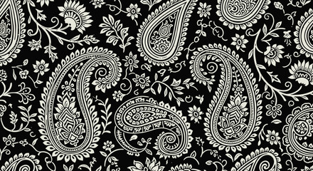 Intricate black and white paisley pattern with floral motifs. © Kyle