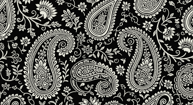 Intricate black and white paisley pattern with floral motifs.