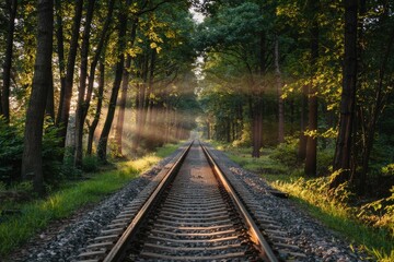 Obraz premium Railway tracks in a forest at sunset with sunlight filtering through trees