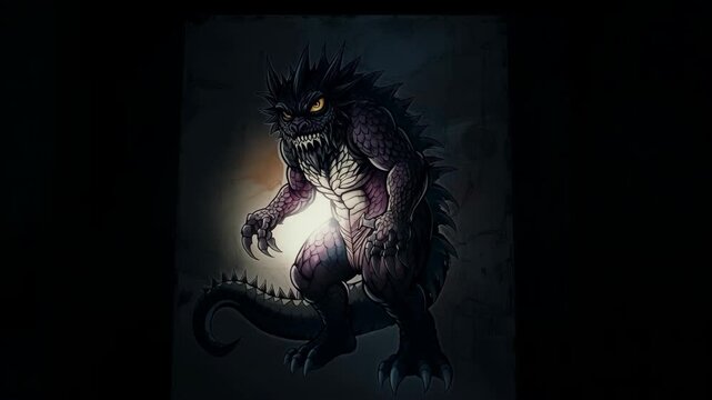 Menacing cartoon dragon emerges from shadows digital art