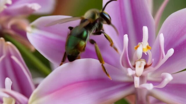 Metallic green sweat bee on pink orchid blossom pollination