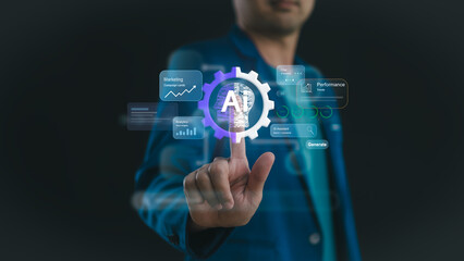 Obraz premium AI marketing and business technology for automation. This analytics performance and digital intelligence concept shows a professional using artificial intelligence for strategic growth