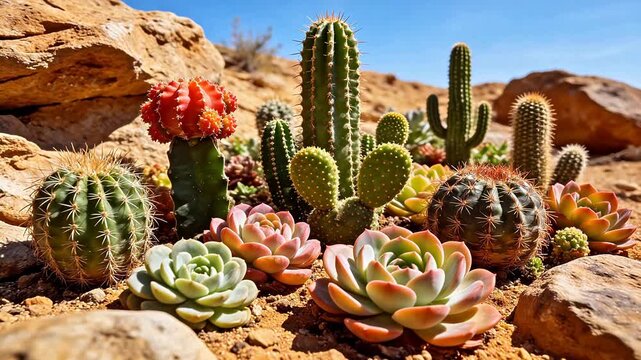 Desert cacti and succulents in rocky terrain