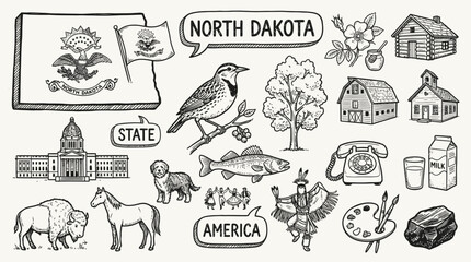 North Dakota State Vector Illustration &ndash; Wildlife, Landmarks, Culture, and Resources in Black and White for Educational, Decorative, and Graphic Design Projects