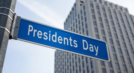 Obraz premium Street sign clearly labels a metropolitan area street as Presidents Day with modern office buildings dominating the background sky.