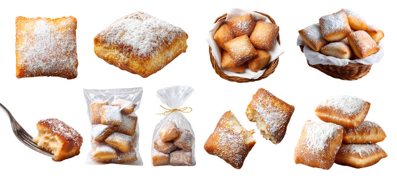 Set of Beignet, square fried dough donuts doughnut choux pastry with powdered sugar, rattan basket, takeout plastic bag, fork, stack pile slice broken bitten, transparent cutout PNG. Many mockup