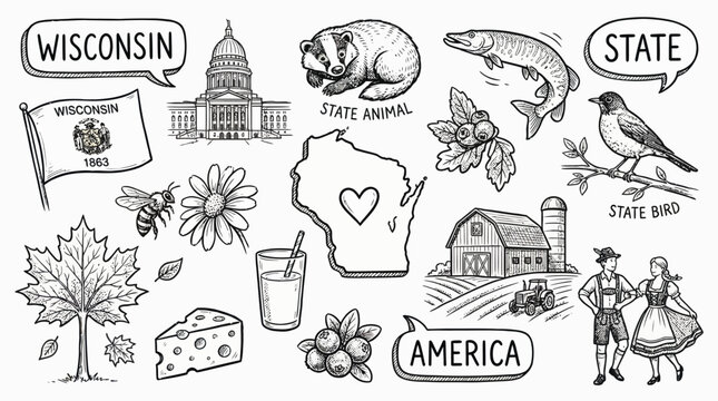 Wisconsin State Vector Illustration &ndash; Dairy, Wildlife, Agriculture, Landmarks, and Cultural Symbols in Black and White for Educational, Decorative, and Graphic Design Projects