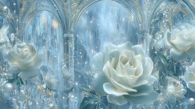 青白い光に満ちた幻想的な聖域と白薔薇