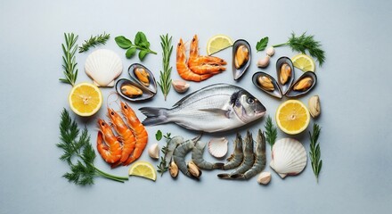 Fresh Seafood Platter A Culinary Delight of Fish Shrimp Mussels and Lemon.