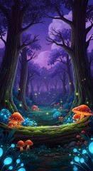 Fototapeta premium Illustration of forest at night. Orange mushroom and blue light creating magical, surreal mood, fantasy, and wonder, like from story or videogame