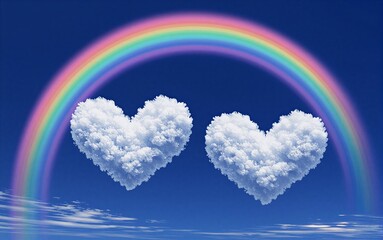 Fototapeta premium Rainbow arches over two heart-shaped clouds against deep blue sky.