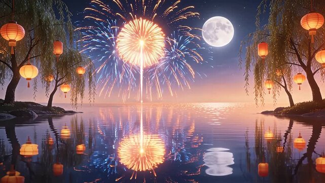 Fireworks over moonlit lake with lanterns
