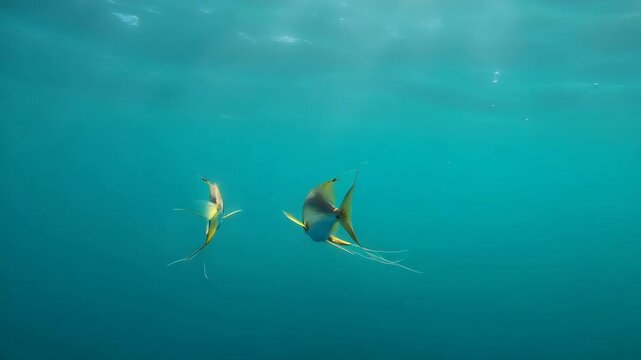 Pair of threadfin butterflyfish swimming gracefully underwater in tropical turquoise ocean