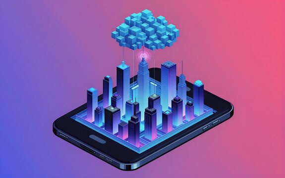 Futuristic cityscape on smartphone, glowing blue cloud above skyscrapers against gradient purple background.
