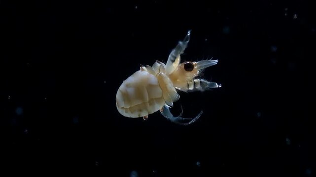 Parasite on fish swimming against dark background microscopic view