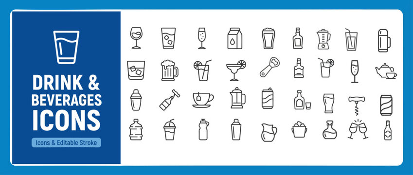 Drink Beverages Outline Vector Icon Set &ndash; Coffee, Tea, Juice, Cocktail, Wine, Beer, Soda, Smoothie, Bottle, Glass, Cup UI Web App Editable Stroke Modern