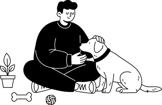 Man sitting on ground and petting a dog, with a plant, bone and ball. Pet care and companionship concept. Vector illustration for design