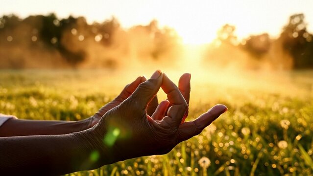 Hand in meditation mudra at sunrise in a grassy field, calm wellness and mindfulness mood, outdoor yoga practice for self care, summer solstice dawn