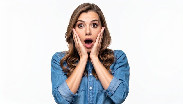 Shocked woman with hands on face in disbelief