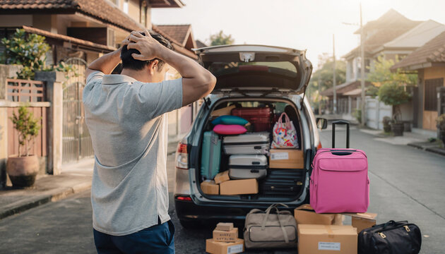 A shocked man holds his head in shock when he sees his car trunk full, while other belongings are still underneath as he prepares for his Eid al-Fitr trip.