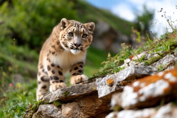 Obraz premium Snow Leopard Standing Still on Narrow Cliff Ledge Surrounded by Greenery and Flowers
