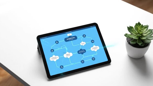 A tablet displays an animated marketing workflow diagram on a white desk next to a succulent. Glowing blue lines illustrate data processing and flow across the digital chart and briefly extend toward