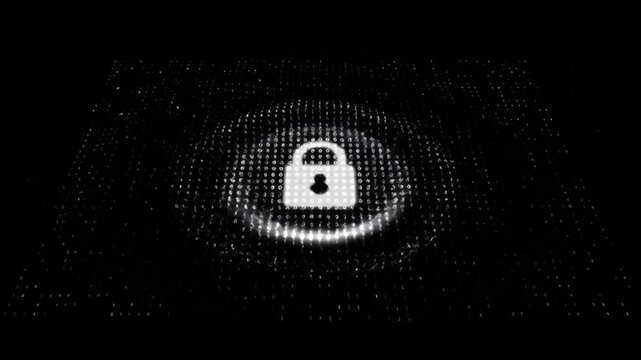 A hand uses a keycard to activate a digital security system represented by a glowing padlock on a binary data grid. The action generates radiating ripples, finalizing the secure access sequence.