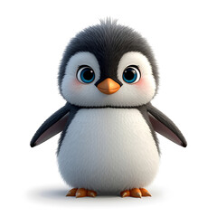Obraz premium Cute Fluffy Baby Penguin Cartoon with Big Eyes – Transparent Background.