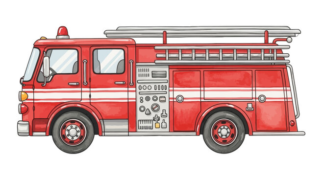 Watercolor Red Fire Truck Illustration Art