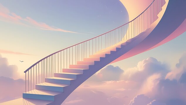 Stairway to Heaven: Surreal Spiral Staircase Ascending into Dreamy Sky