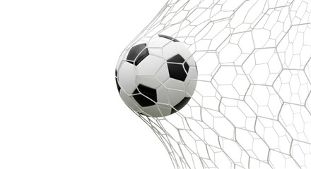 Soccer ball in net isolated PNG, black and white football in goal on transparent background, sports equipment for game © Maria
