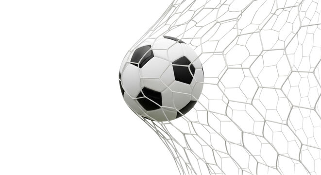 Soccer ball in net isolated PNG, black and white football in goal on transparent background, sports equipment for game