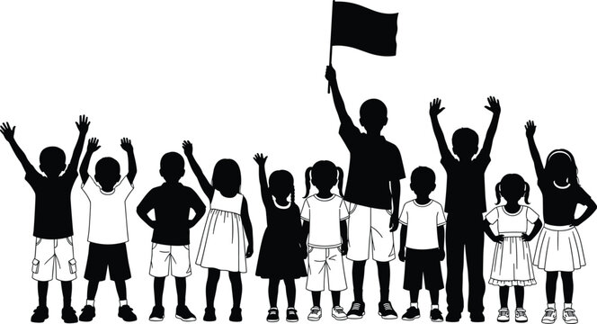 Silhouette group of diverse happy children standing together and cheering, with one boy holding a flag, representing youth leadership, international unity, and childhood community.