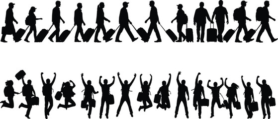 Silhouette collection of diverse travelers walking with suitcases and backpacks, featuring people jumping and celebrating, ideal for global tourism, vacation transit, and airport departure themes. © Khademul
