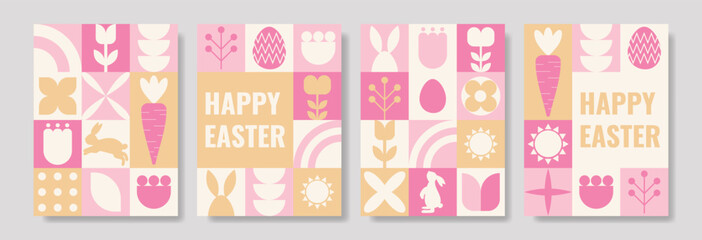 Fototapeta premium Geometric Easter posters with colorful patterns and festive designs