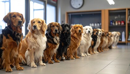 A Diverse Lineup - A Row of Dogs Awaiting Grooming.