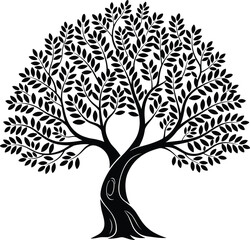 Obraz premium Detailed black silhouette of a large leafy tree with a curved trunk, perfect for nature conservation, environmental branding, garden landscaping, and life growth concepts.