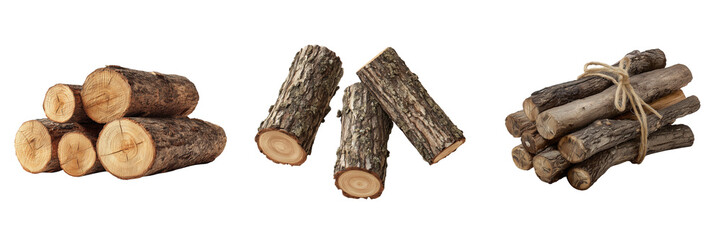 Stacked cut logs and bundle of firewood tied with twine isolated on a transparent background timber