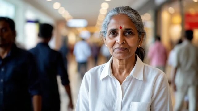 Elderly Indian woman with silver hair and a red bindi, smiling gently in a vibrant shopping mall