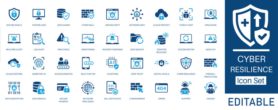 Cyber Resilience and Data Security solid icon set. Includes symbols for Zero Trust, AI Defense, Disaster Recovery, and Risk Assessment. Solid vector icons for cybersecurity services.