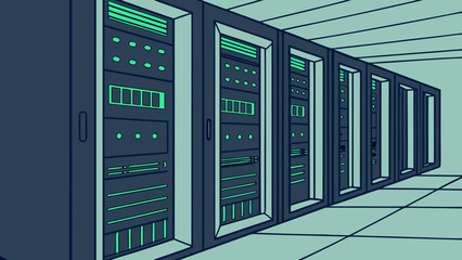A vector graphic illustration of a server room with rows of computer servers