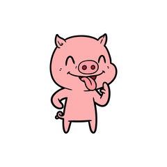 Fototapeta premium Happy cartoon pig with tongue sticking out, standing and smiling cheerfully on a white background.